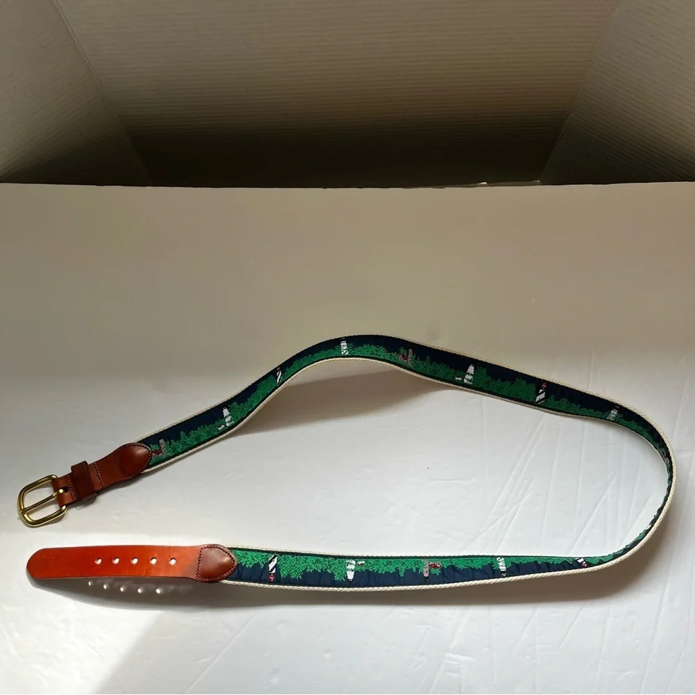 LEATHER MAN HANDMADE Lighthouse Print Belt with Gold Buckle Size 44